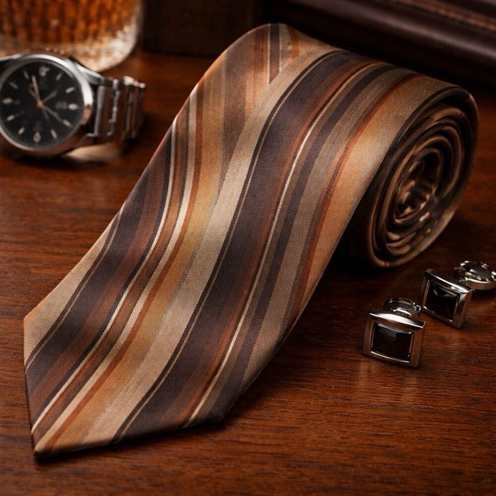 Perry Ellis Portfolio 100% Silk Regimental Stripe Classic Necktie Brown Gold